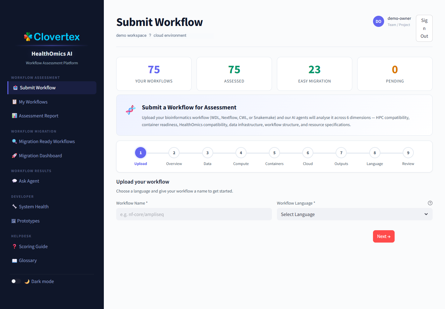 HealthOmics workflow assessment dashboard