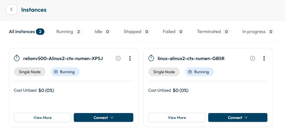 NUMEN dashboard with running research compute instances