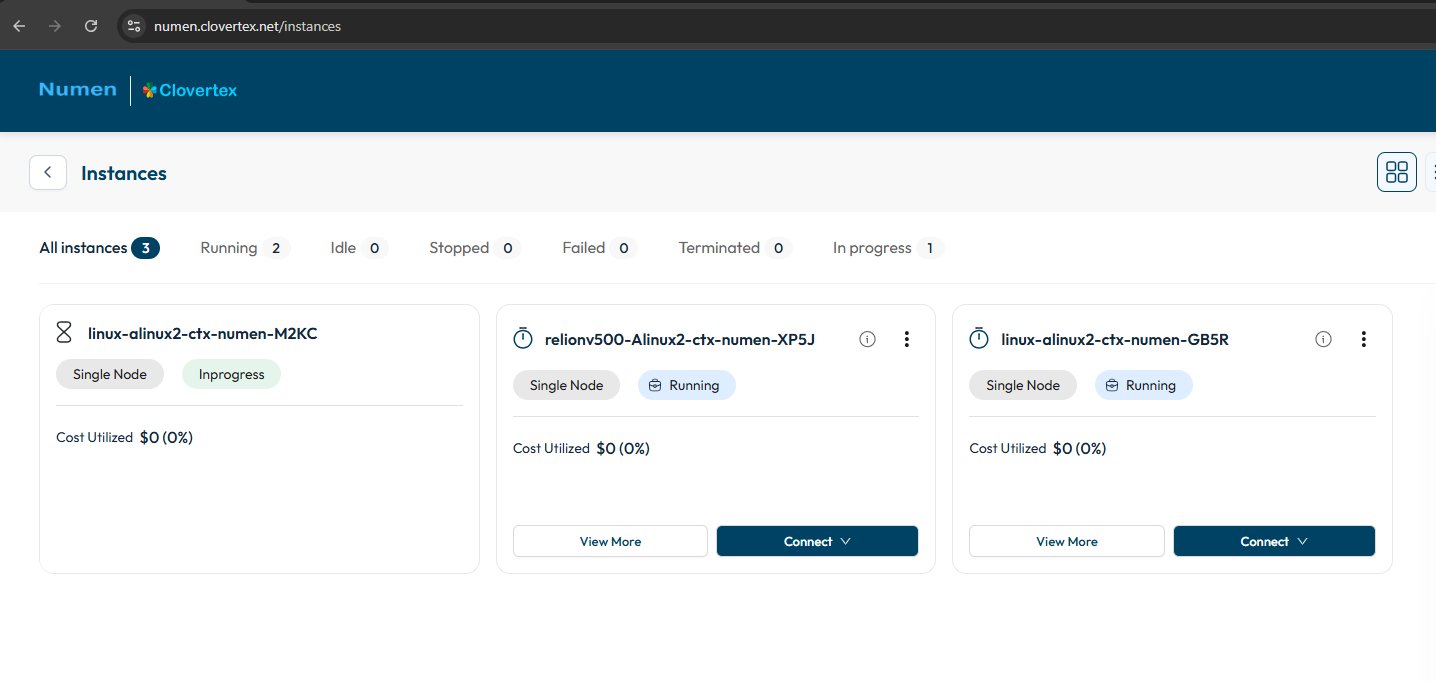 NUMEN instances dashboard showing compute resources and status filters