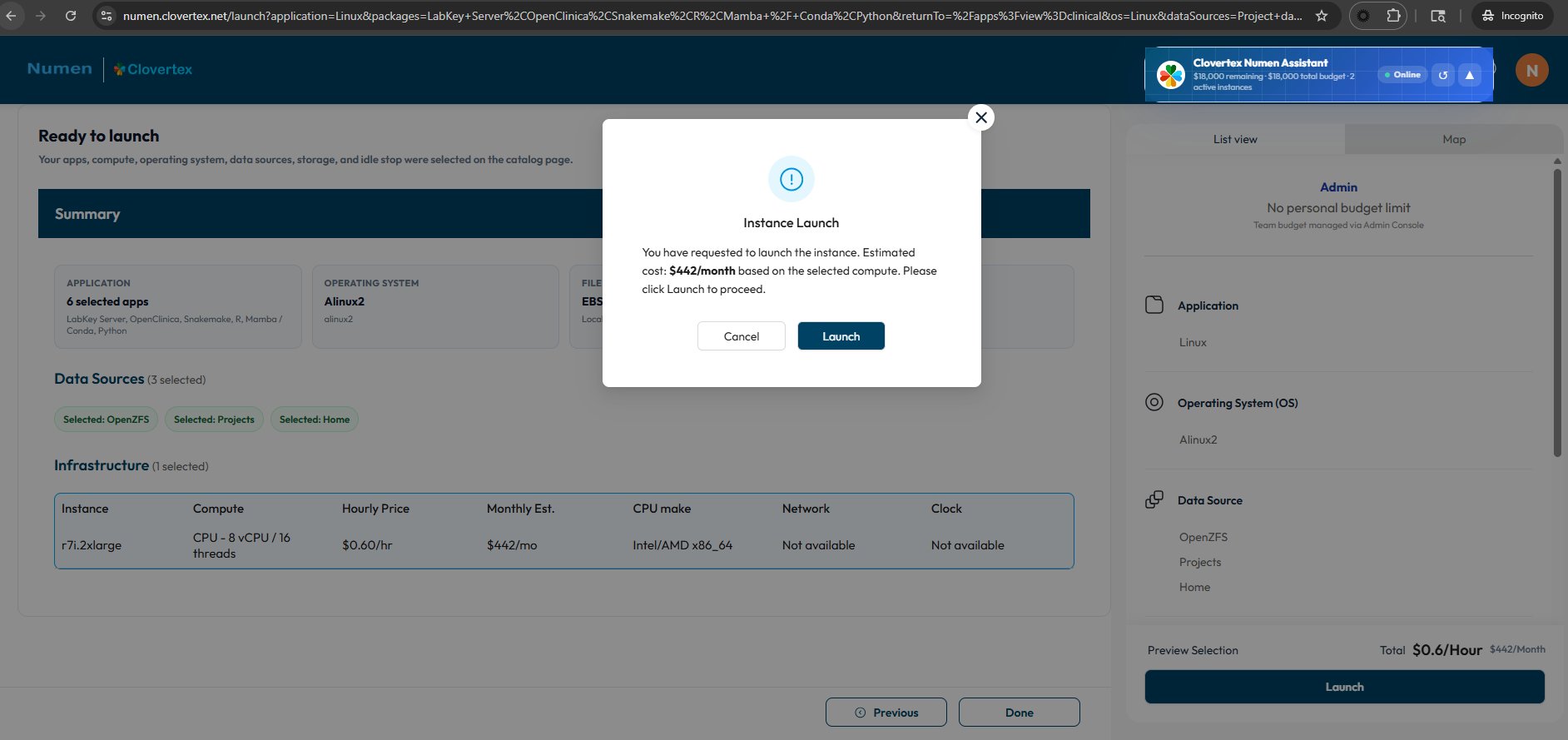 NUMEN cost disclosure modal before launch