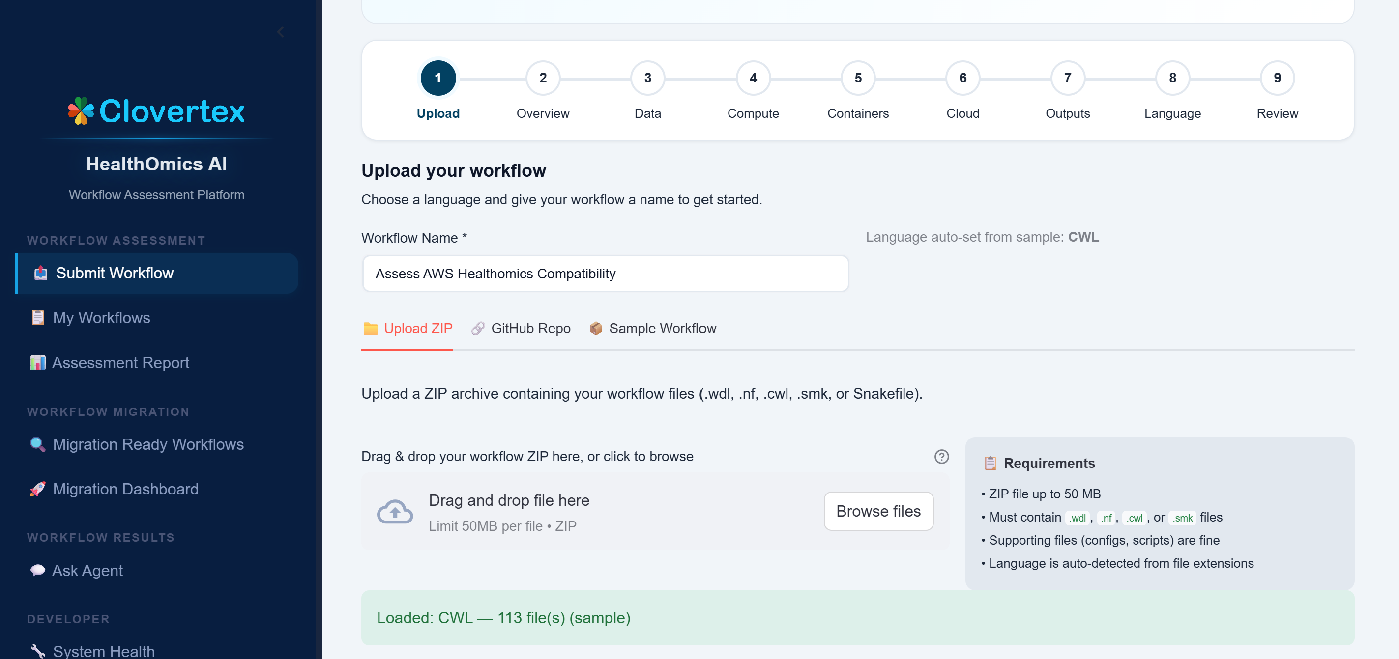 Genomics migration workflow assessment platform home screen
