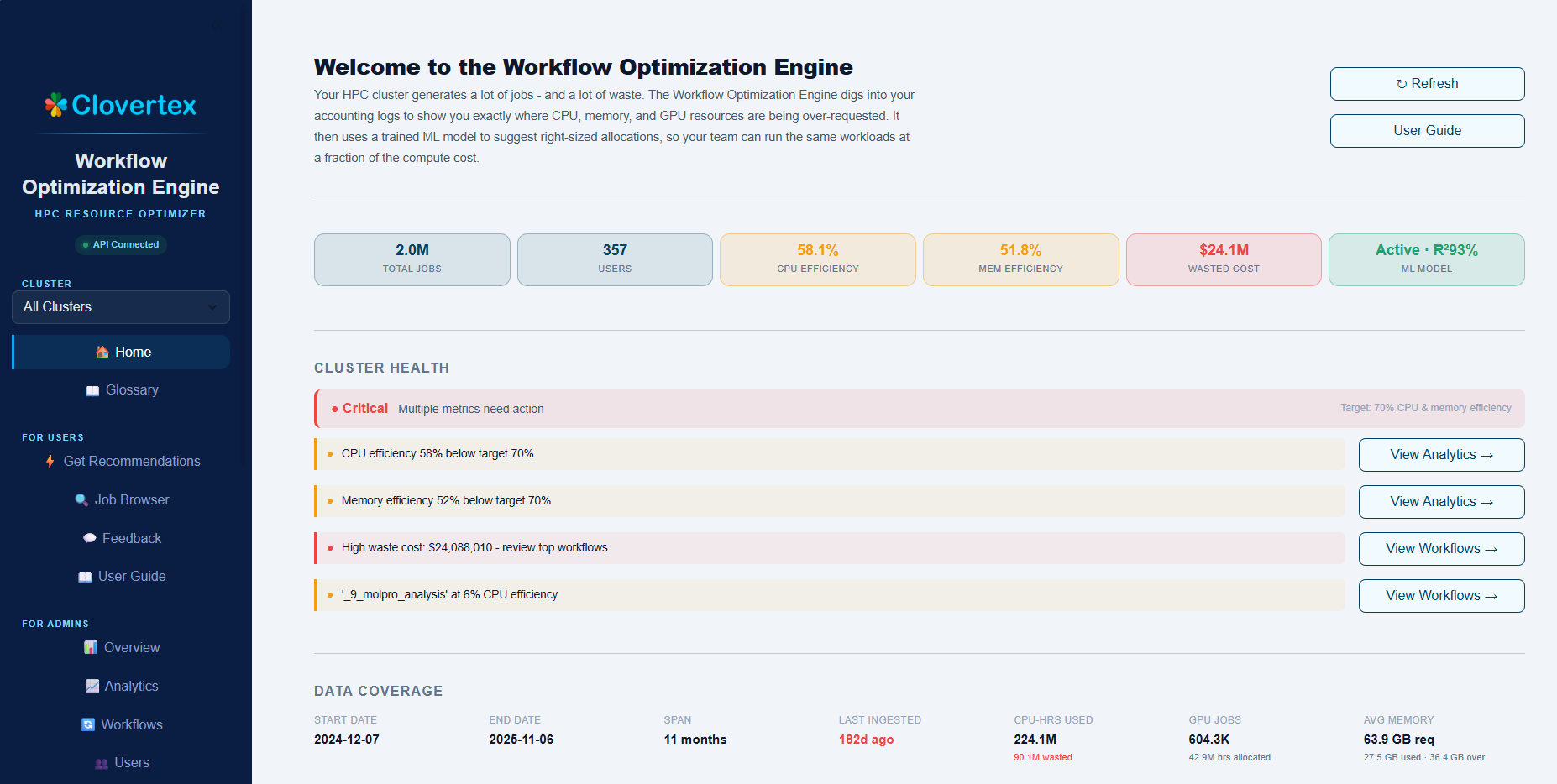 Workflow Optimization Engine home dashboard with statistics and cluster health