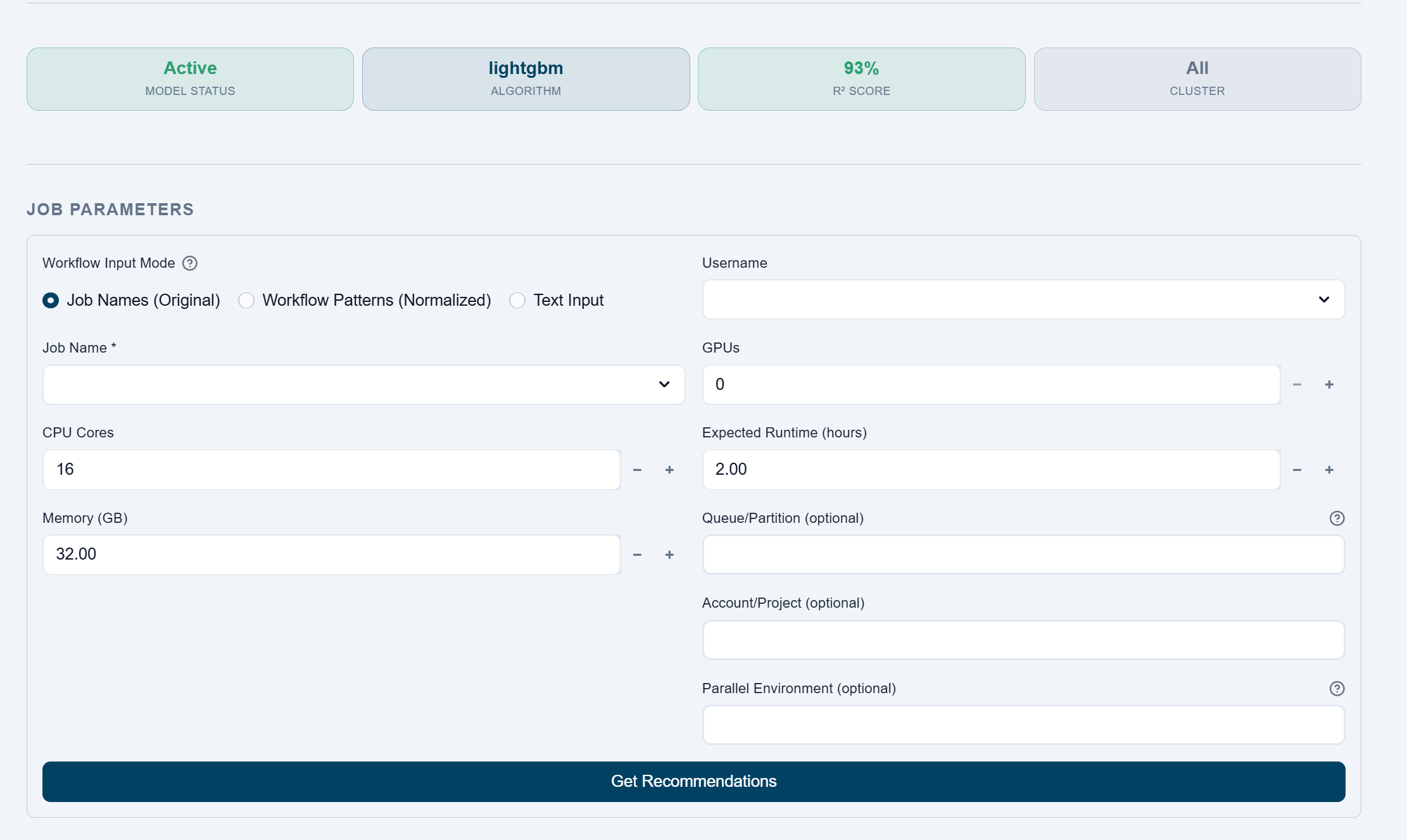 Workflow Optimization Engine recommendation form