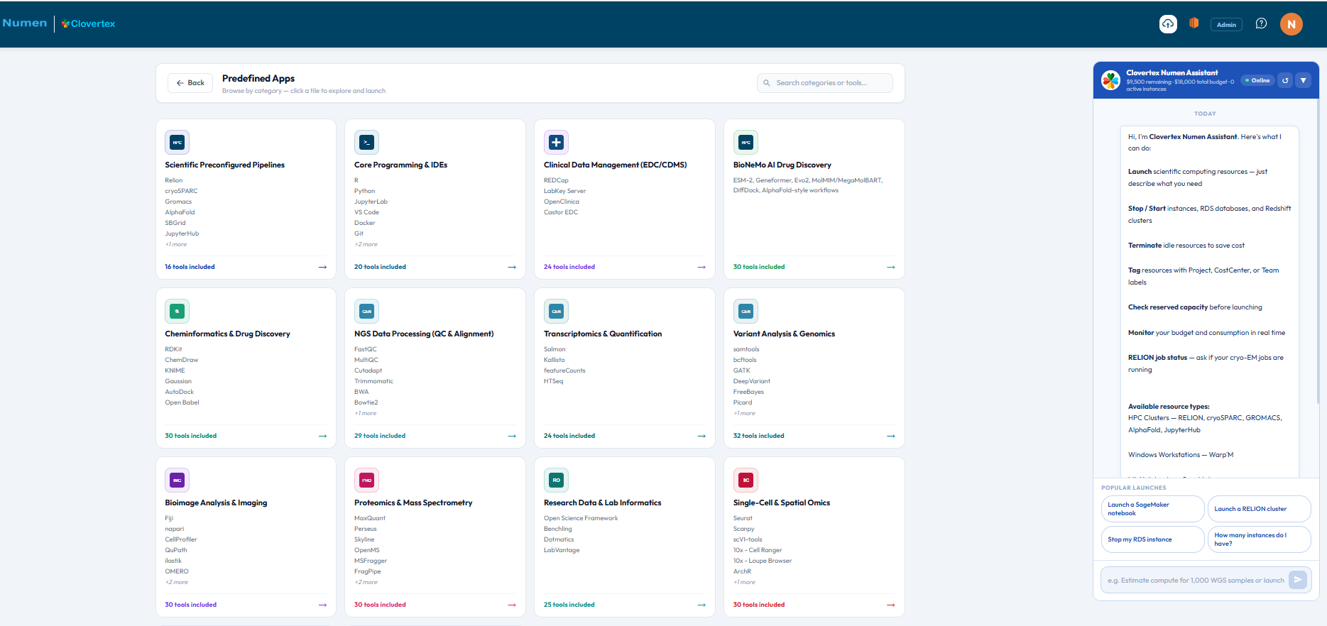 NUMEN predefined applications catalog with scientific categories